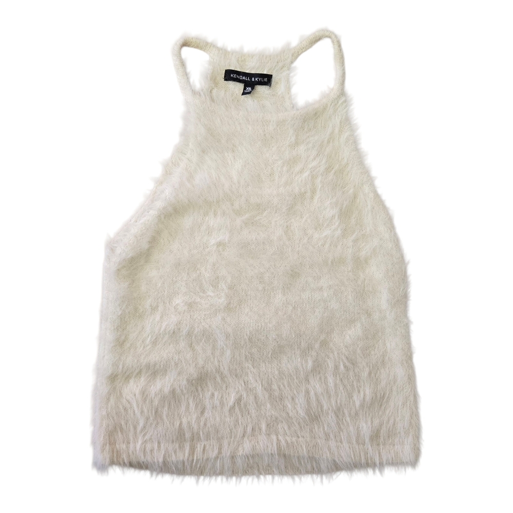 Kendall & Kylie Furry Halter Cropped Tank Top Ivory Like New! Women's XS